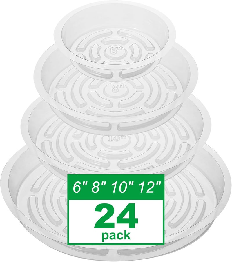 CATIFLIN 24 Pack Clear Plant Saucers - 6, 8, 10, 12 Inch Plastic Plant Trays for Pots, Flower Pot Saucers, Indoor & Outdoor Planter Drip Tray for Water Drainage & Protection - Image 1